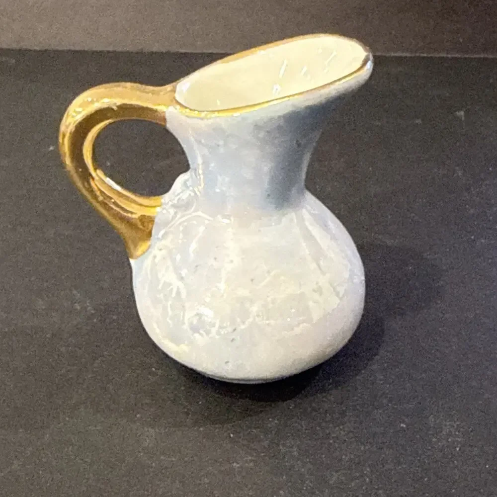 Vintage Set of 4 Mini Pottery Pitchers Colorful Gold Trim Studio Art Style